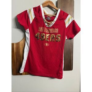 1st & Fashion San Francisco 49ers NFL Red Sparkly Lace-Up Jersey T-Shirt Small